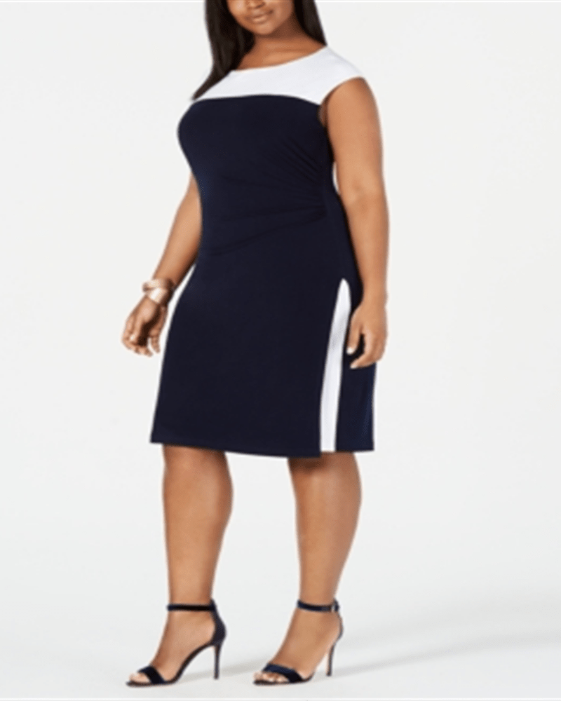 Front of a model wearing a size 20W Connected Apparel Women's Plus Ruched Colorblock Sheath Dress Navy Size 20W in Blue by Connected Apparel. | dia_product_style_image_id:312755